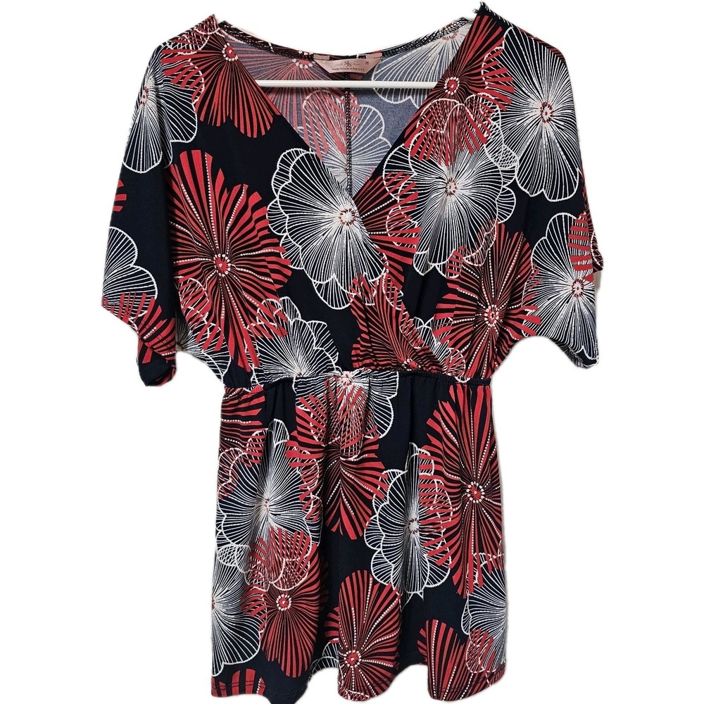 SJS Womens Top Blouse Tunic Shirt  Size Medium Floral Made‎ In USA EUC